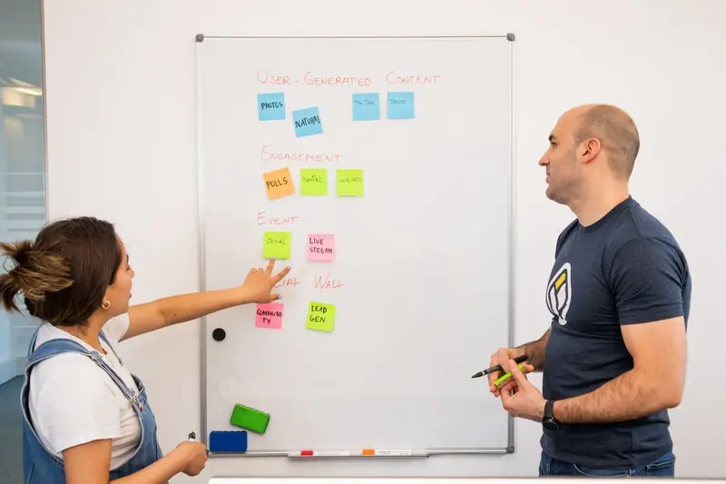 Project leads mapping milestones on a whiteboard