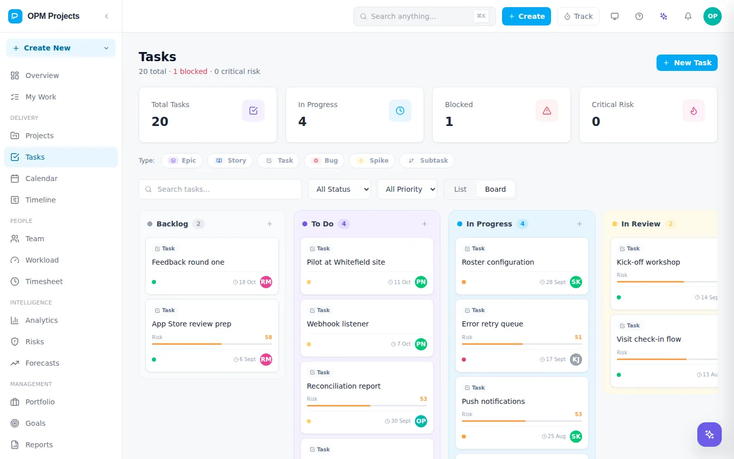 OPM Projects task board with columns by status